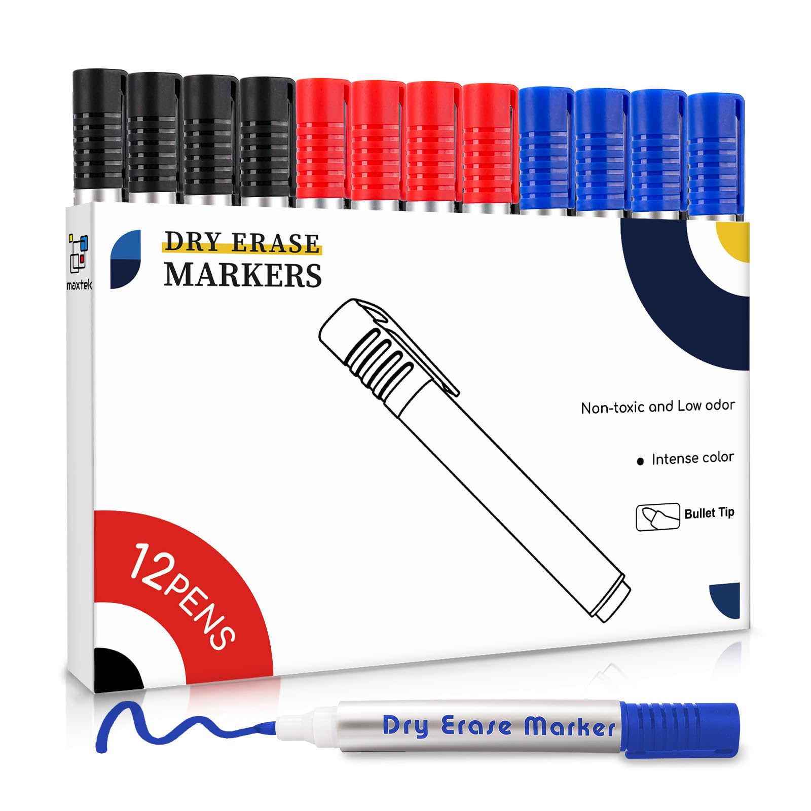 maxtek Whiteboard Pens, 12pcs Whiteboard Markers 3 Assorted Colours Black Blue Red Dry Erase Pens for Office, Schools, Home, Bullet Tip Dry Wipe Pens
