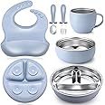 Nuogo 6 Pcs 304 Stainless Steel Kids Plates and Bowls Set Stainless Steel Suction Bowls and Toddler Cup with Removable Silicone, Forks Spoons Pocket Bib for Baby Toddle