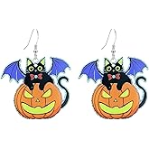 QIAOLEHUI Halloween Acrylic Earrings for Women Pumpkin Spider Black Cat Ghost Boo Witch Hat Spooky Earrings Jewelry Lightweight Dangle Earrings