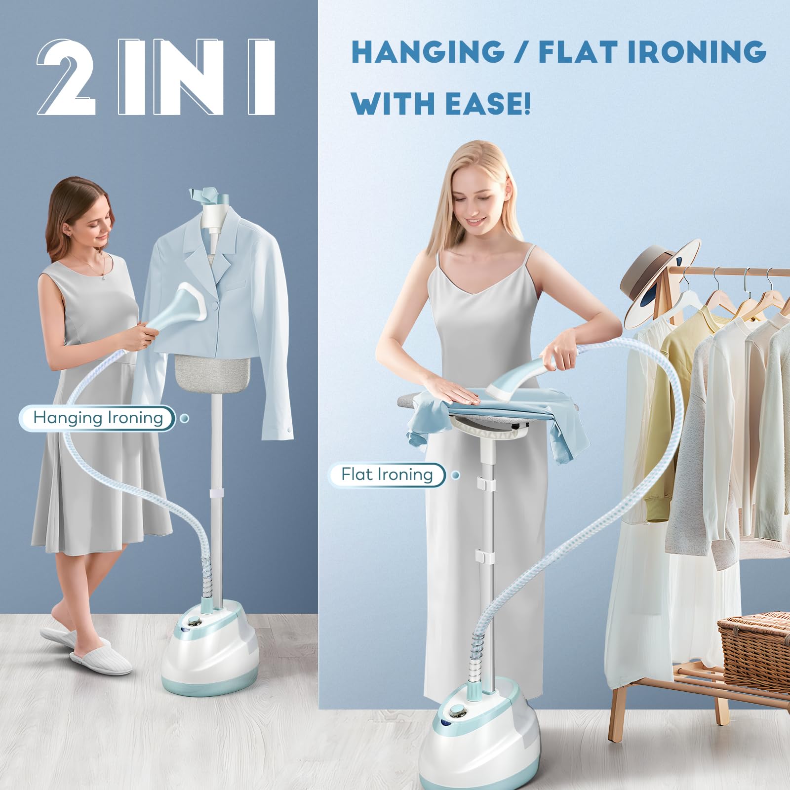 CGOLDENWALL 2-in-1 Standing Garment Steamer for Clothes with Flat & Hanging Iron Options, Powerful Wrinkle Remover, 1-Hour Continuous Steaming, Includes Garment Hanger, Ironing Board, and Gloves