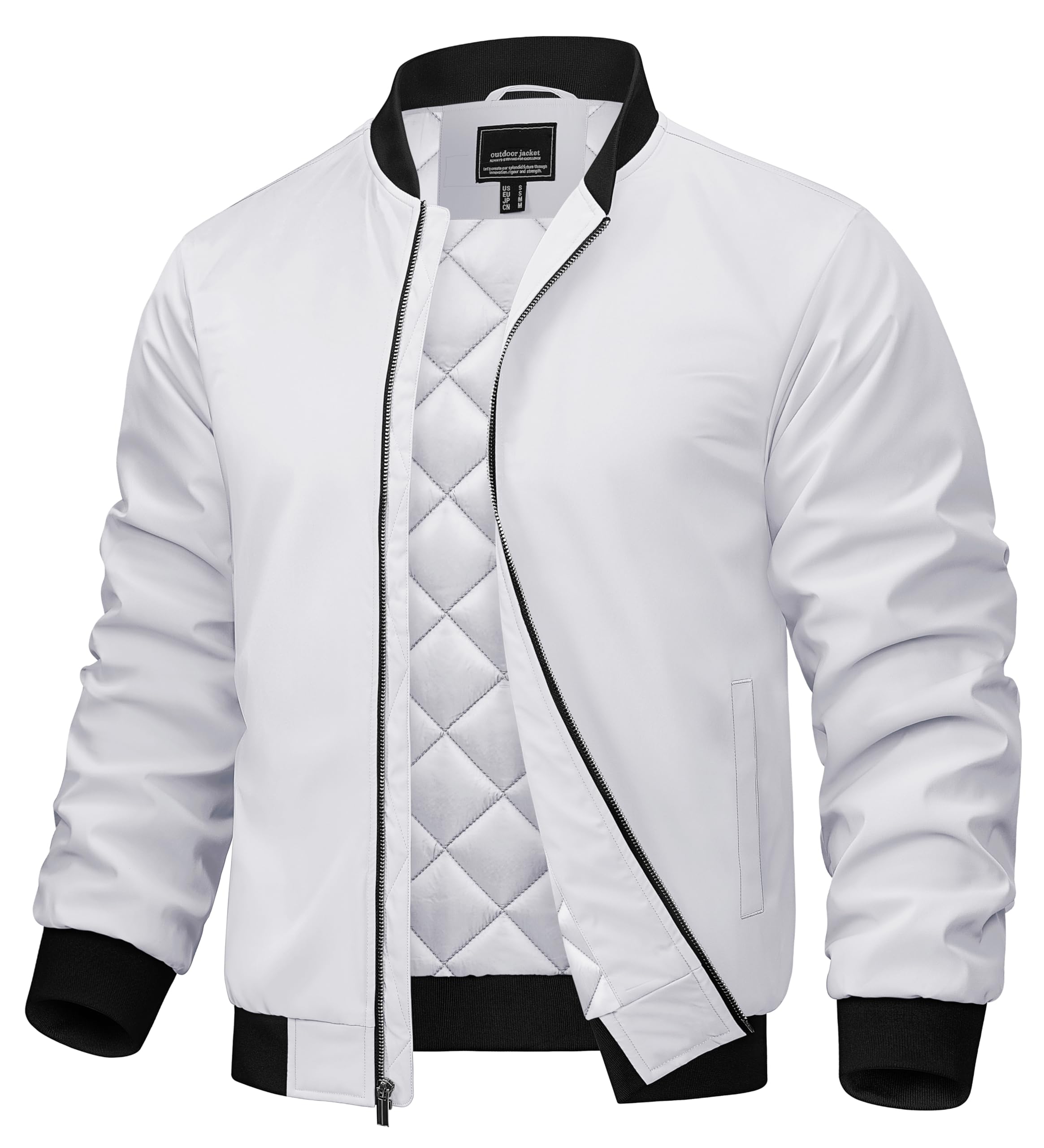Photo 1 of TACVASEN Men's Bomber Jackets Casual Fall Winter Warm Full Zipper Jacket Windproof Water Resistant Padded Coats White Medium