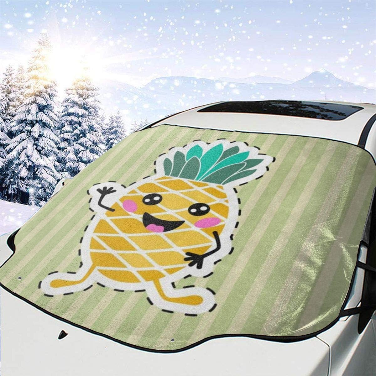 yiwushixiangledianzishangwuyouxiangongsi Car Windshield SunshadeCartoon Stripe PineappleSun Visor, Windshield Sun Visor, UV-cut Windshield Sunshade (147 x 118 cm)