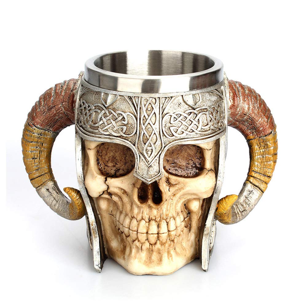 Stainless Steel Horn Skull Beer Cup with Double Handle, Classic Medieval Skull Drinkware Mug,Viking Warrior Skull Mug Tankard, for Whiskey, Beer, Coffee, Juice (550ml-17oz.)