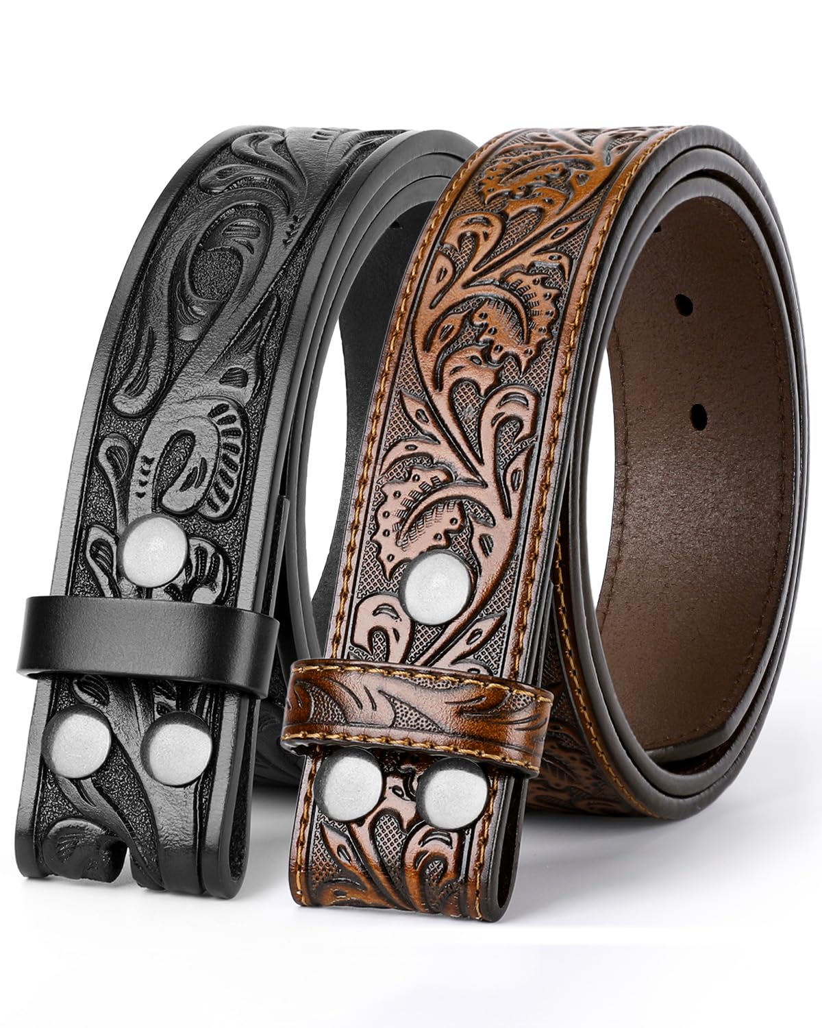 BELTROAD Western Leather Belt Strap for Men Women Cowboy Cowgirl Leather Mens Belts for Jeans Men‘s Birthday Belt Gifts 2 Pack Belts without Buckle Image