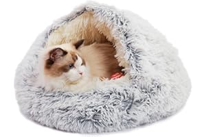 Deblue Soft Cat Beds for Indoor Cats, Round Fluffy Warm Cat Beds with Hooded Cover, Washable Calming Cozy Plush Pet Bed for Anxiety Cats and Puppies - Dia 20"