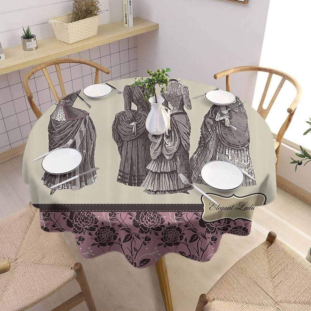 DILITECK Victorian Print Round Tablecloth Ladies Clothes Fashion History Dress Handbag Feather Gloves Floral Design Print Table Decoration Diameter 50 Grey Rose
