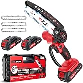 Mini Chainsaw Cordless 6 Inch with 2 Batteries &amp; 3 Chains | Lightweight One-Handed Small Electric Power Chain Saw, Tool-Free Battery Powered Saw for Tree Trimming Wood Cutting Yard Work