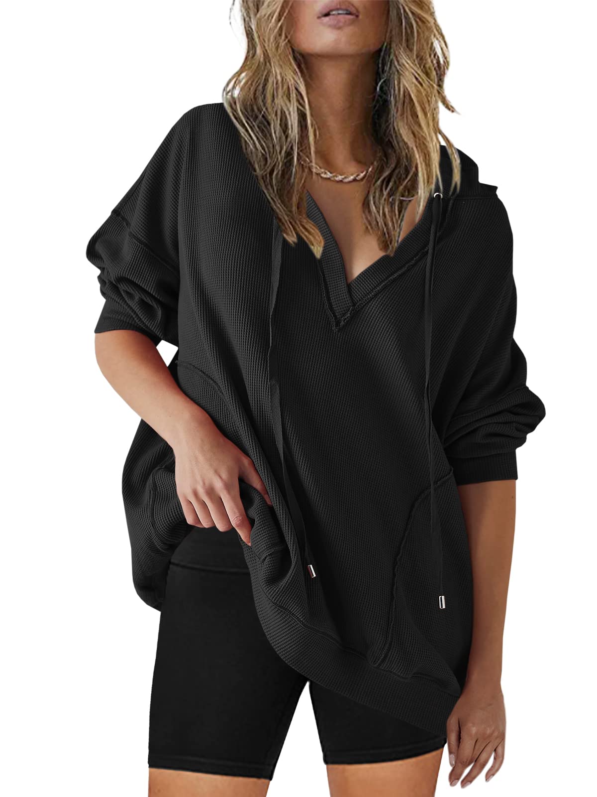 Womens V Neck Hoodies Oversized Long Sleeve Shirts Drawstring Pullover Tops Lightweight Sweatshirts Army Green At Women's Clothing Store - View #5