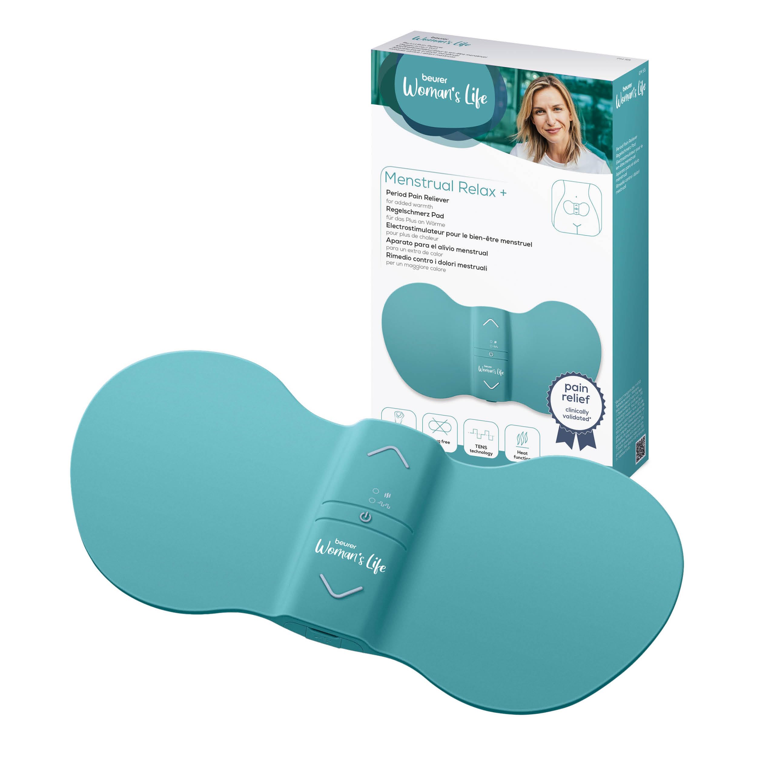 Beurer EM 55 Menstrual Relax+ , contra el dolor menstrual y el dolor de la endometriosis, TENS y función de calor, con batería recargable, superficie de calor más grande, turquesa