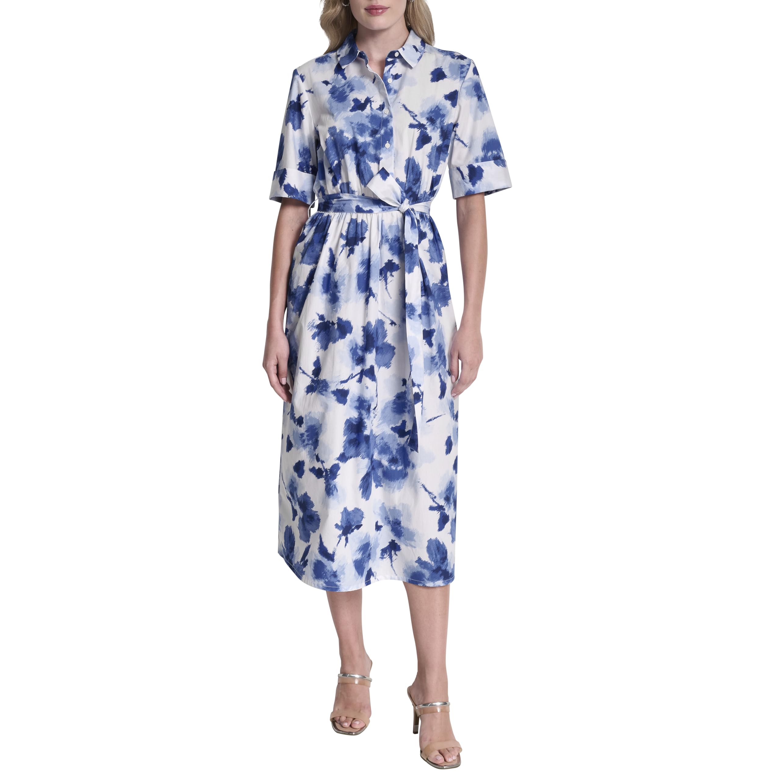 DKNY Women’s Short Sleeve Cotton Poplin Collared Shirtdress, Cornflower Blue Multi, 8