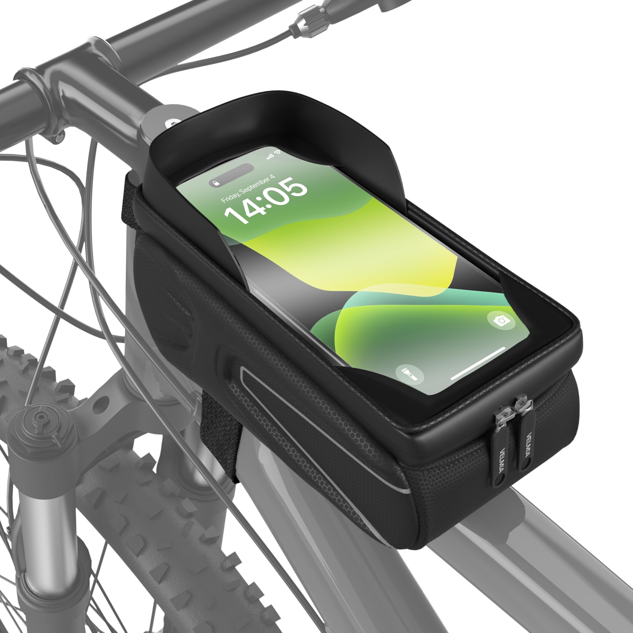Velmia Bike Phone Holder & Frame Bag | Smartphones up to 6.7 Inch, 1,3 Liter Capacity | 100% Waterproof & Functional Touch Protection | Reflective, Durable, Easy to Install | Bike Accessories, Black