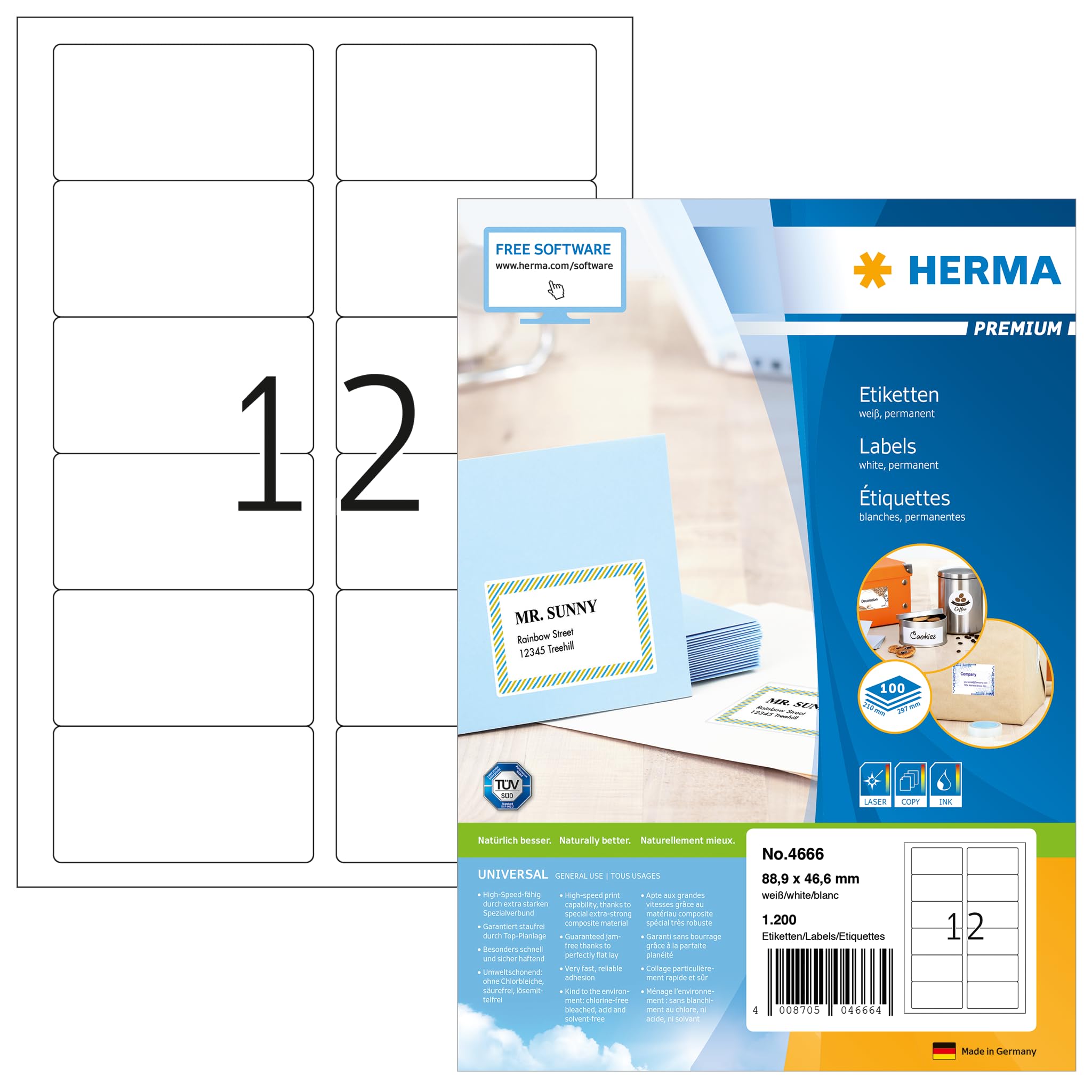 HERMA Self Adhesive Multipurpose Labels, 12 Labels per A4 Sheet, 100 Sheets, 88.9 x 46.6 mm, 1200 Labels, Blank Universal Labels Stickers, Sticky Labels for Laser & Inkjet Printer, White