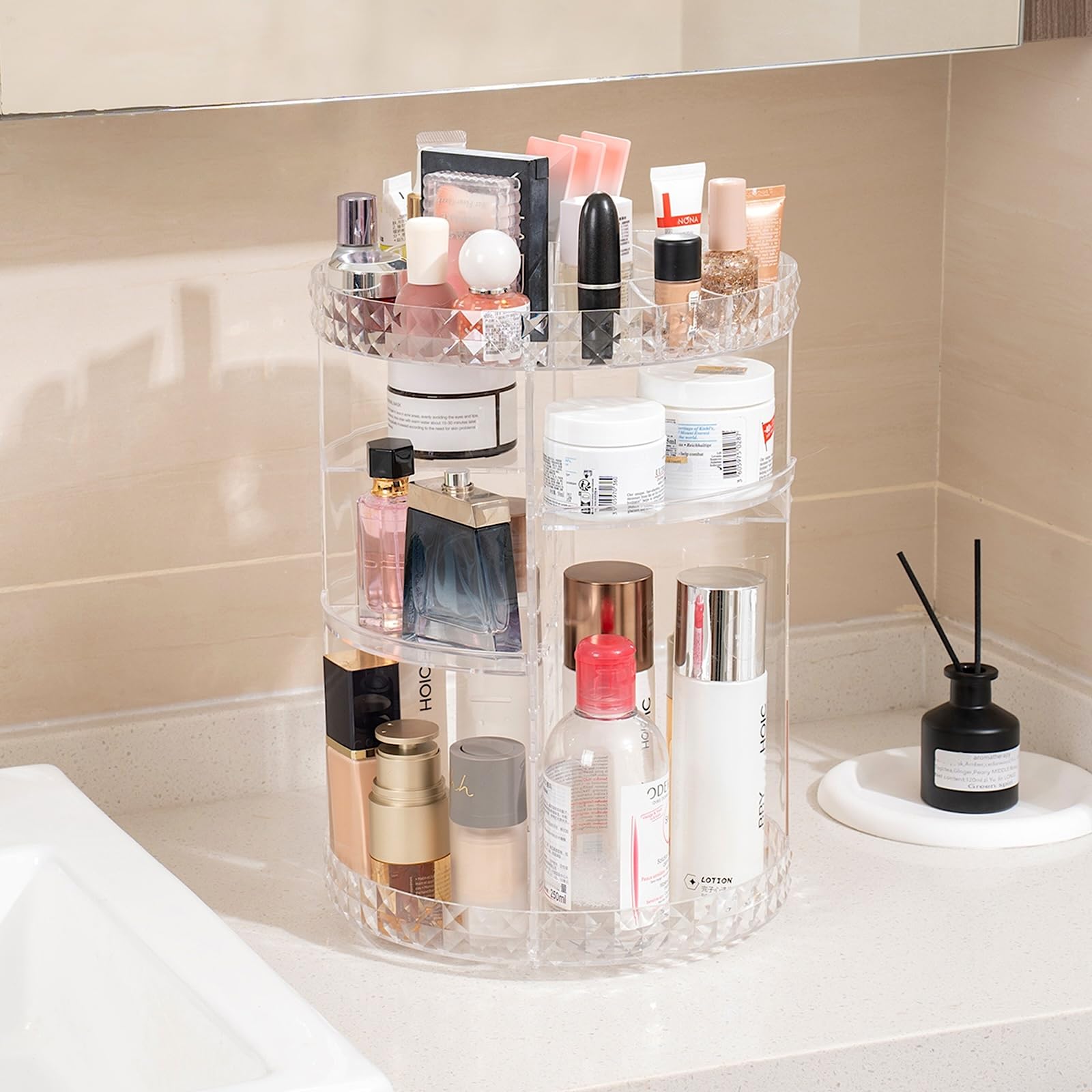 V-HANVER 360 Rotating Makeup Organizer Perfume Organizer Clear Cosmetic Storage Display Case Large Capacity Acrylic Beauty Holder Adjustable Partition Height for Bedroom Dresser or Bathroom Vanity
