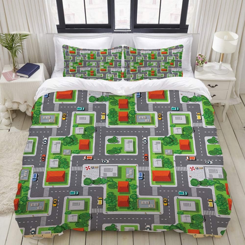 Amazon Com Lunasvt 3pc Bedding Set Birds Eye View Map Of The Abstract Town Streets Roads Houses And Cars Cartoon Print 1 Duvet Cover With 2 Matching Pillowcases Home Bedroom Decor King Home