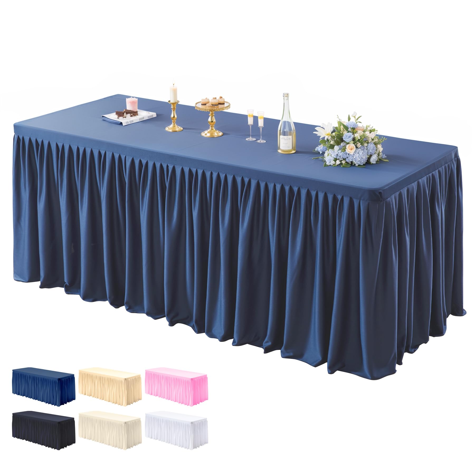 Photo 1 of 1 Pack Navy Blue Tablecloths for Rectangle Tables 6ft, Wrinkle Resistant Navy Blue Table Cover Fitted Stretch Table Cloth with Pleated Ruffle Skirts for Party Banquet Dining Birthday Wedding