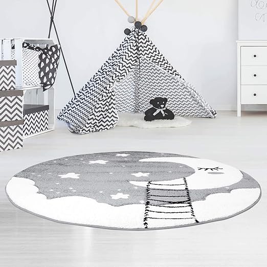 Kinderteppich Hochwertig Konturenschnitt Glanzgarn mit Mond, Wolken und Sternen in Grau Größe 120/120 cm Rund