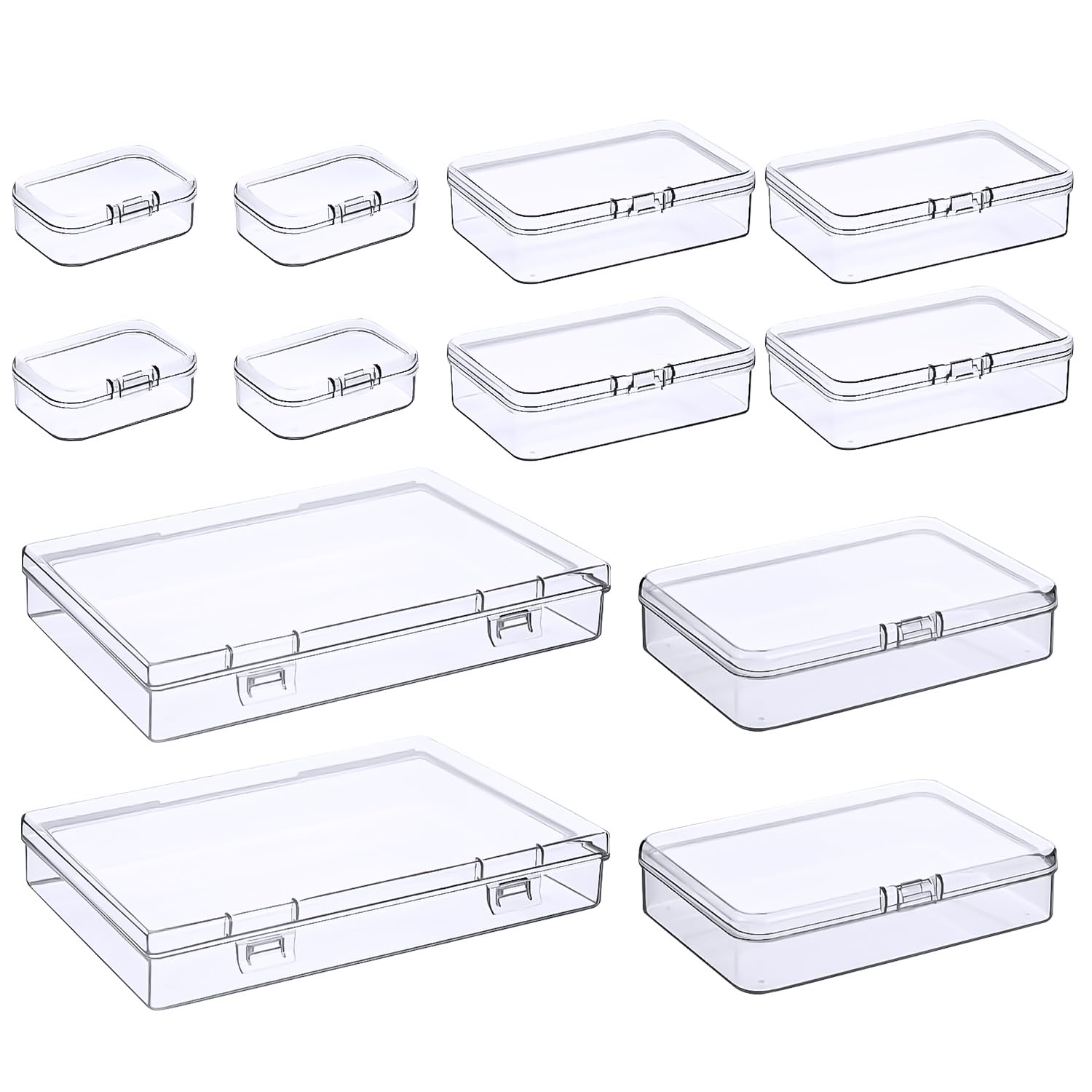 Prmape Pack of 12 Storage Boxes with Lid, Small, 4 Sizes, Rectangular Empty Mini Storage Box, Small Clear Plastic Beads Storage Container Box for Craft Accessories