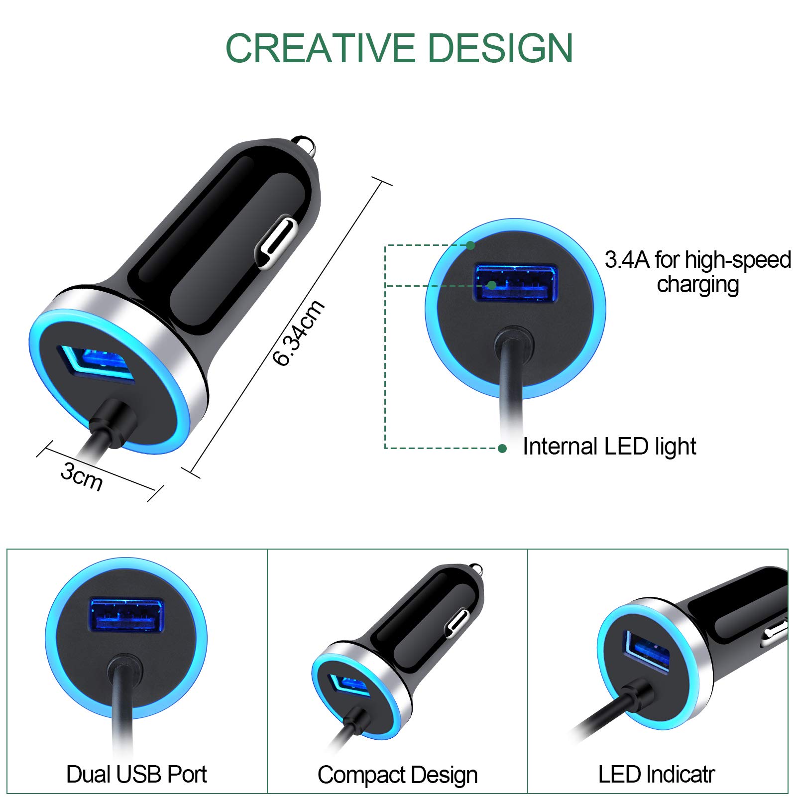 USB C Car Charger, 3.4A Fast Charging Car Charger for Samsung Galaxy S24 S23 S22 S21 S20 S10E S9 S8 Note 20 10 A16 A15 A14 A50 A20 A51 A71 A21 A10E, LG Stylo 6/5, Car Adapter 3ft Type C Charger Cable