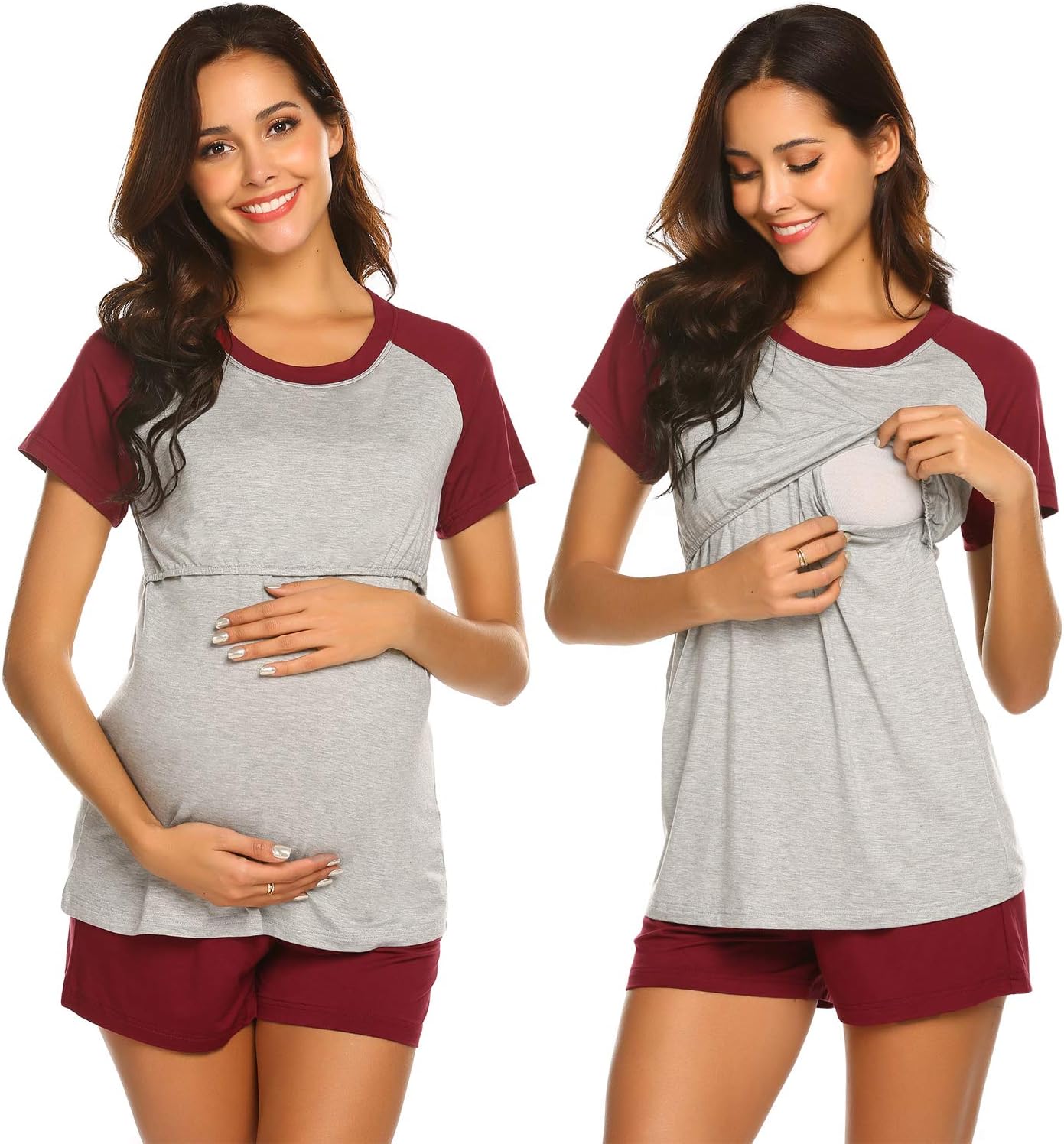 Women’s Maternity Nursing Pajamas for Hospital Short Raglan Sleeve Baseball Pregnancy Breastfeeding Sleepwear Set