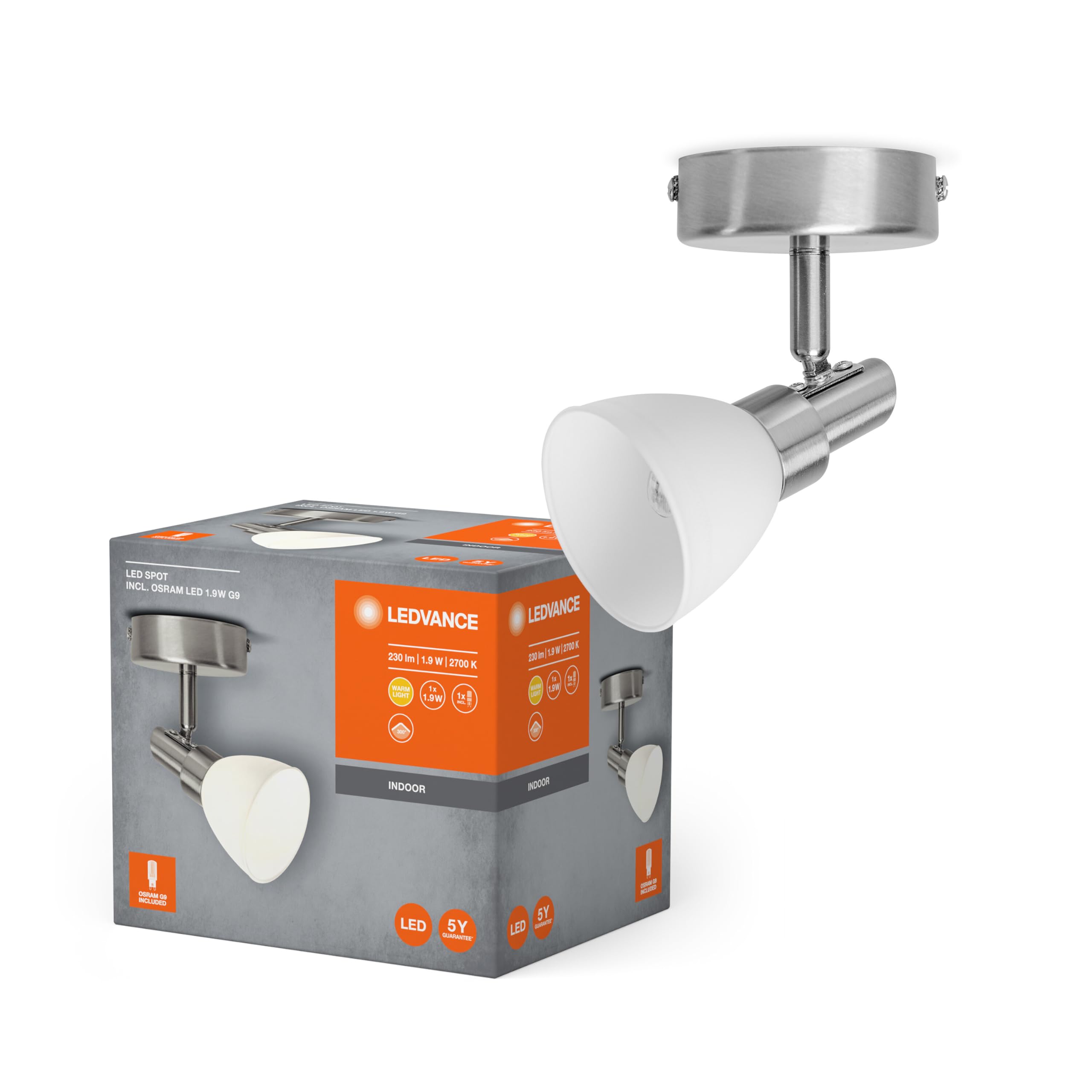 Ledvance LED Spotlight, 1-Flame High-Quality Spotlight Made of Aluminum, Suitable for Indoor Walls and Ceilings, Replaceable 2W G9 Lamp Included, Warm White (2700K), LED SPOT G9 1x2W