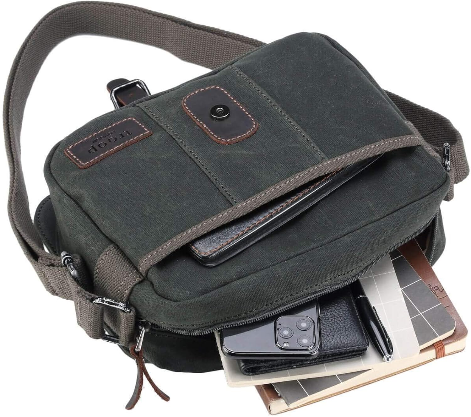 Troop London Canvas Leather Cross Body Bag, Small Travel Bag TRP0440 - Image 5