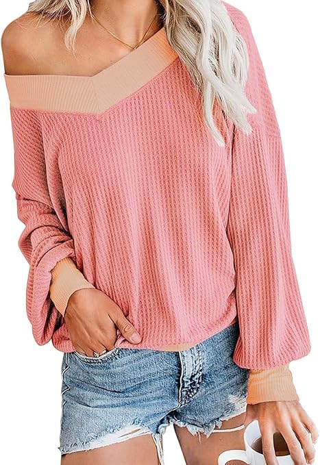 Glanzition Women's Casual V Neck Long Sleeve Waffle Knit Off Shoulder Top Oversized Sweater,Pink,S