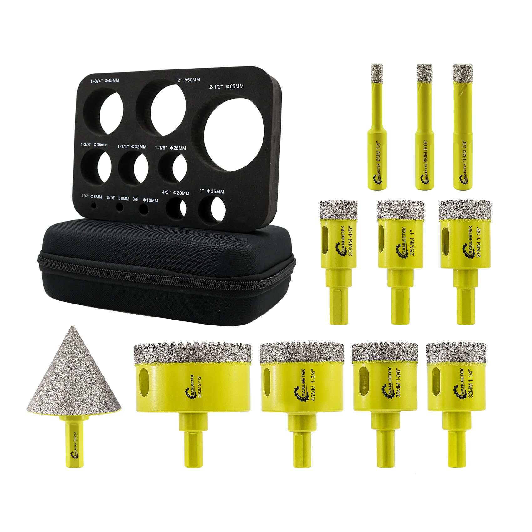 SANLEETEK Diamond Core Drill Bits Set - 11pcs 6/8/10/20/25/28/32/35/45/65mm+50mm Beveling Chamfer Bit Serrated Hole Saw Kit with Triangle Shank for Ceramic Tile Porcelain Marble Granite