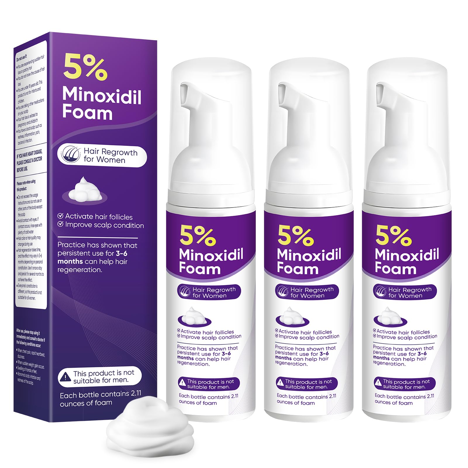 Photo 1 of 5% Minoxidil Foam for Women Hair Growth Foam Suitable for Hair Thinning Receding Hairline and Hair Loss to Hair Regrowth Get Thicker Fuller Hair 3 Bottles 2.11 Ounces Each
