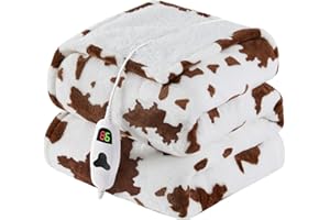 RUJIPO Cow Print Heated Electric Blanket Throw,50X60 Brown Heating Blanket with 10 Heats Levels & 8 Hours Auto Off, Western Highland Cow Decor Stuff Fleece Sherpa Blankets Warmer Gifts for Women Adults