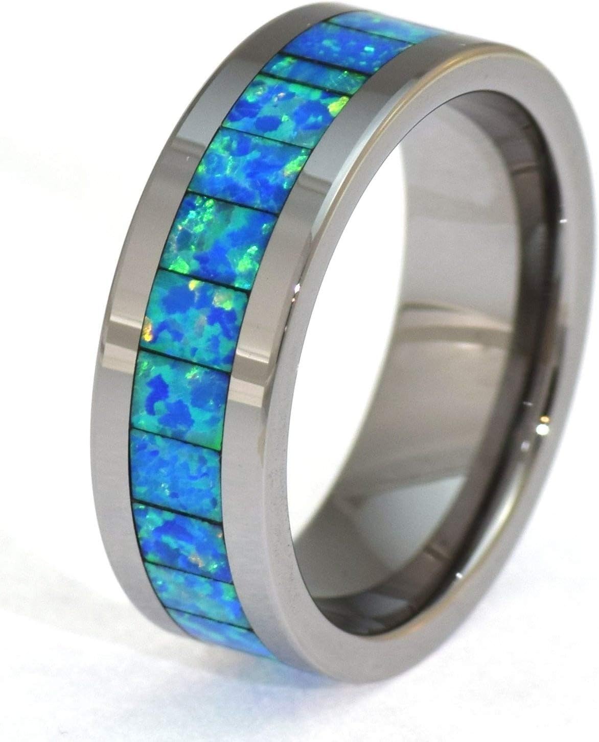 Almost Forever Jewelry 6mm Synthetic Opal Tungsten Carbide Ring with Blue and Slight Green Fire Inlays