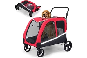Saudism Dog Stroller For Large Dogs, Extra Large Pet Stroller For For Medium Dogs, Dog Stroller For 2 Dogs, Dog Wagon, Dog Carriage, Foldable Design, Adjustable Handle, With Pocket, Up To 160 lbs, Red