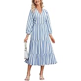 Ladyful Womens Striped Midi Dress 3/4 Sleeve Casual Flowy Tiered Long Dress V Neck Beach Sundress
