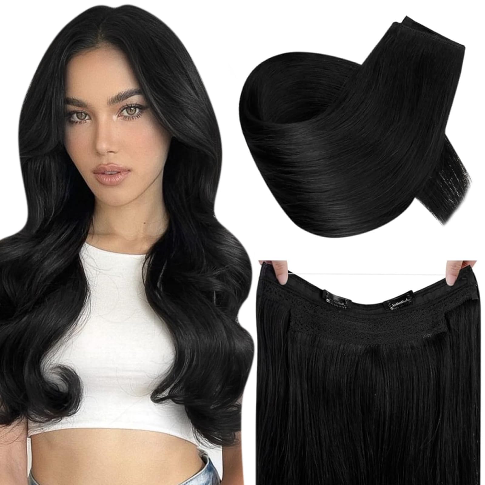 RUNATURE Invisible Wire Hair Extensions Human Hair 16 Inch Fish Line Hair Extensions Black Real Human Hair 80 Gram #1 — image 1