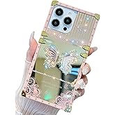 HALATUA Cute Compatible with iPhone 15 Pro Max Case, Luxury Bling Butterfly Foldable Stand Kickstand for Women & Girls, Mirror Lace Flexible Shockproof Protective Case (Pink)