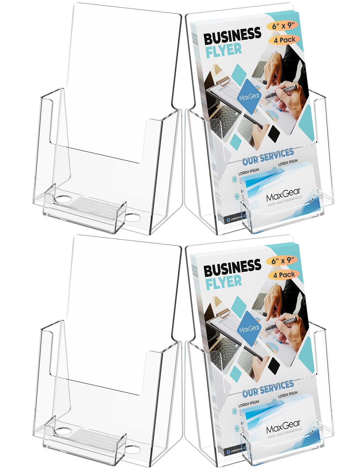 Photo 1 of ***ONLY ONE PIECE*** MaxGear Brochure Holder 6x9 inch with Business Card Organizer, Acrylic Literature Display Stand Clear Plastic Flyer Holder Wall Mount or Countertop Use for Pamphlets, Booklets, 4 Pack