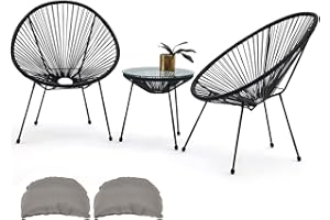ECOTOUGE 3-Piece Patio Acapulco Chairs Set, All-Weather Wicker Bistro Set w/Pillow & Glass Top Table, Outdoor Rattan Conversation Set for Porch,Garden, Balcony, Deck, Poolside, Black