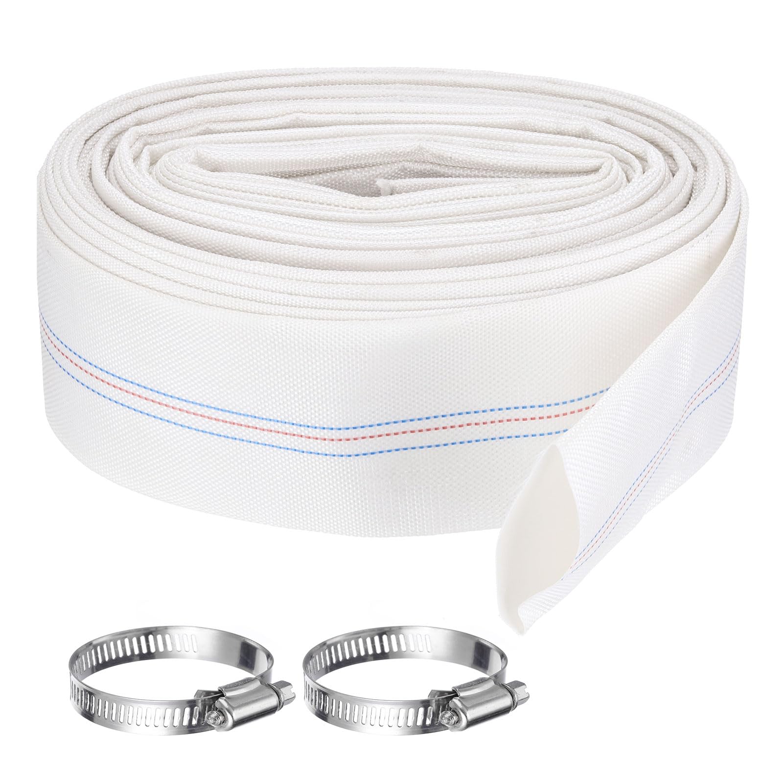 Rebower Pool Backwash Hose, 2 Inch x 62ft Reinforced Drain Hose PVC Lay Flat Water Discharge Pump Hoses for Pool Filter Swimming Pump, with 2pcs Clamps, White