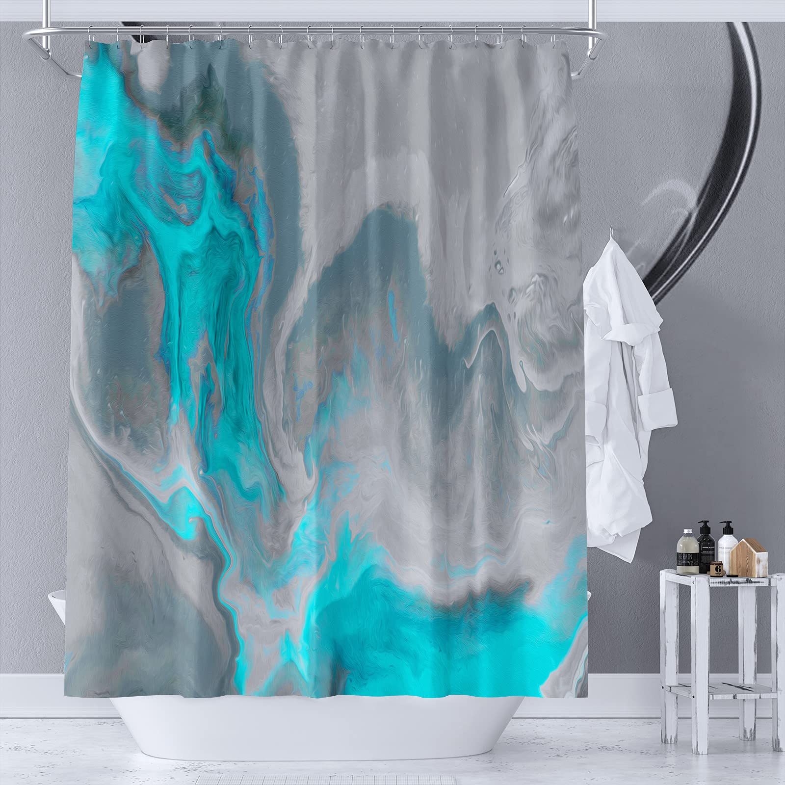 YAEHOCO Abstract Rich and Colorful Fabric Shower Curtain | Main Colors: Aqua, Grey, Blue,Teal | Waterproof Shower Curtains with Hooks for Bathroom Decor｜ 72"x72" Inch