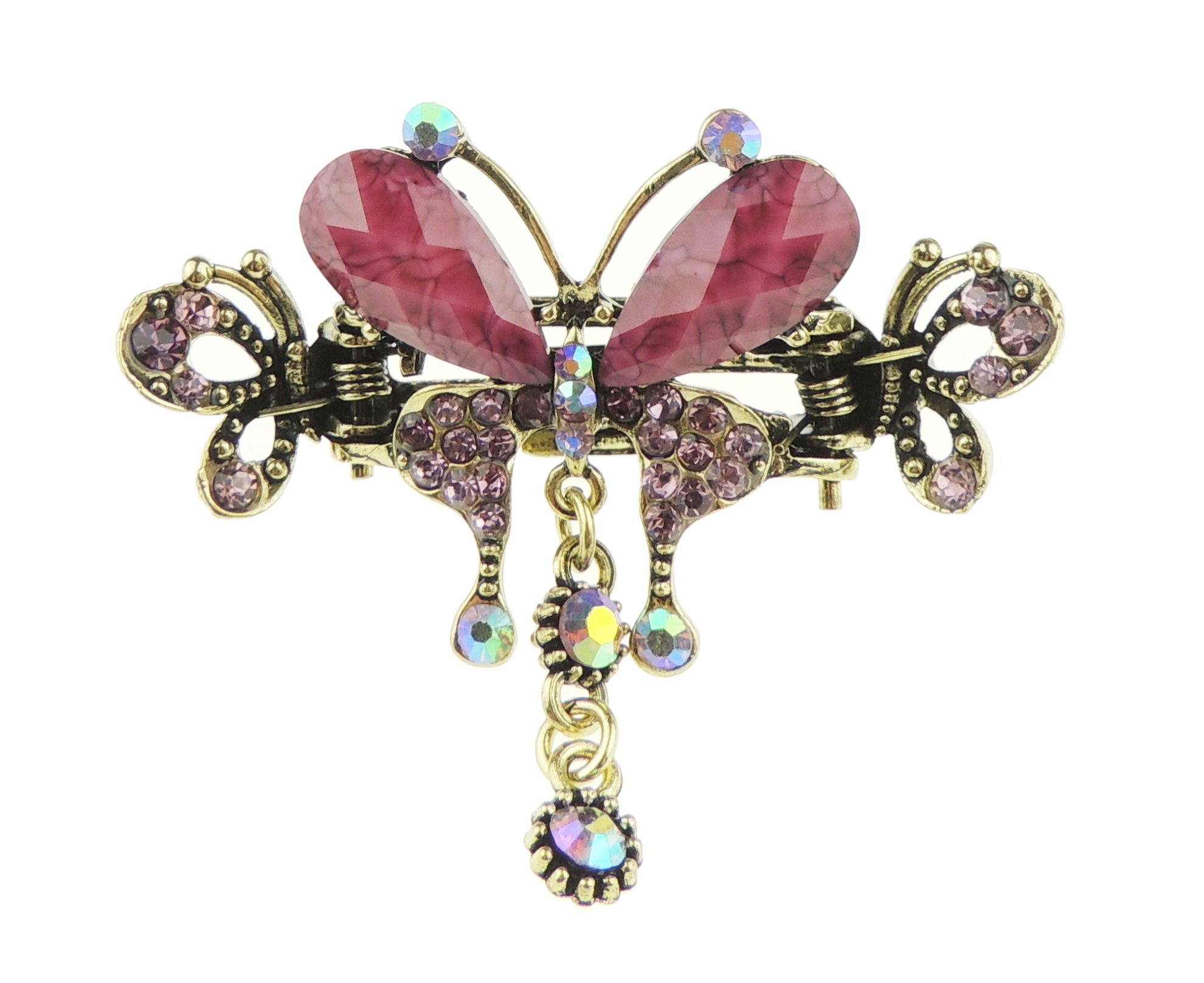 Women Girls Gold Metal Vintage Look Crystal Diamante Rhinestone Gems Bulldog Jaw Clip Octopus Short Small Fine Thin Hair Clamp Grip Bridal Wedding Party Styling Claw 6cm Plum
