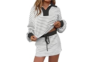 Womens Striped 2 Piece Outfits Casual Sweatshirt Skirt Set Long Sleeve Skort Workout Set Matching Lounge Sets 2025 Fashion