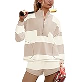 ReachMe Womens Striped Workout Sets 2 Piece Fall Outfits Matching Lounge Sets Long Sleeve Tops and Shorts with Pockets