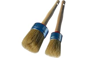 POL BRUSH Set of 1.5 & 2 inch Stencil & Wax European Professional Round Paint Brushes - Natural Bristle Wooden Handle - for Chalk, Wax, Acrylic, Oil, Stain, Varnish - for Art, Decor, Walls, Furniture, Woods