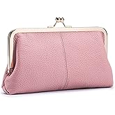 mpeak filters Vintage Kiss Lock Wallet for Women, Genuine Leather Multi-card Slots Card Holder Clutch Purse Travel Wallet (Pink)