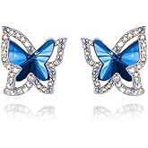 GEMMANCE Valentine's Day Gift For Women Butterfly Crystal Stud Earrings with Premium Birthstone, Silver-Tone