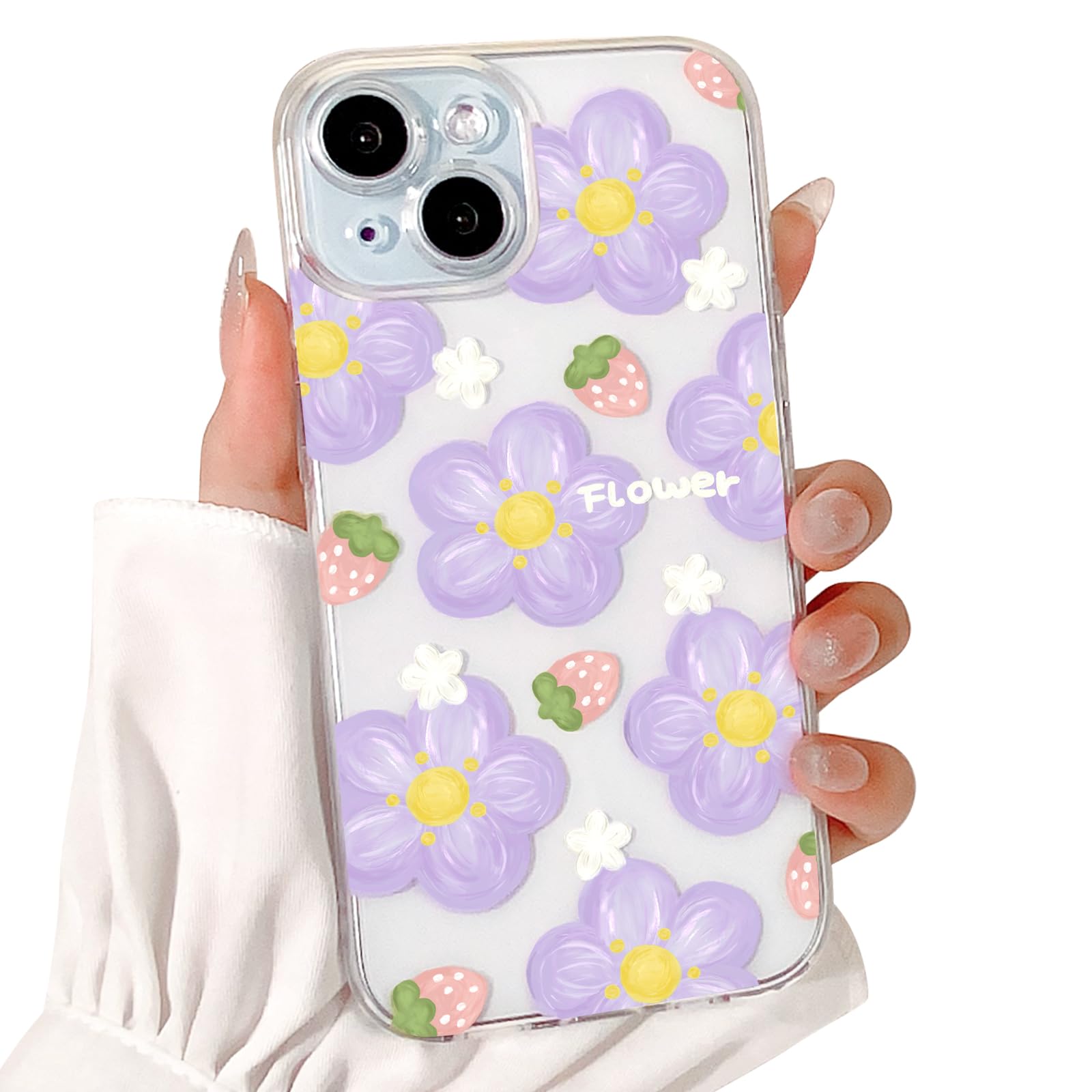 Lovmooful Compatible for iPhone 15 Case Cute Clear Oil Flower Floral Strawberry Design for Girls Women Soft TPU Shockproof Protective Girly for iPhone 15-Purple Flower