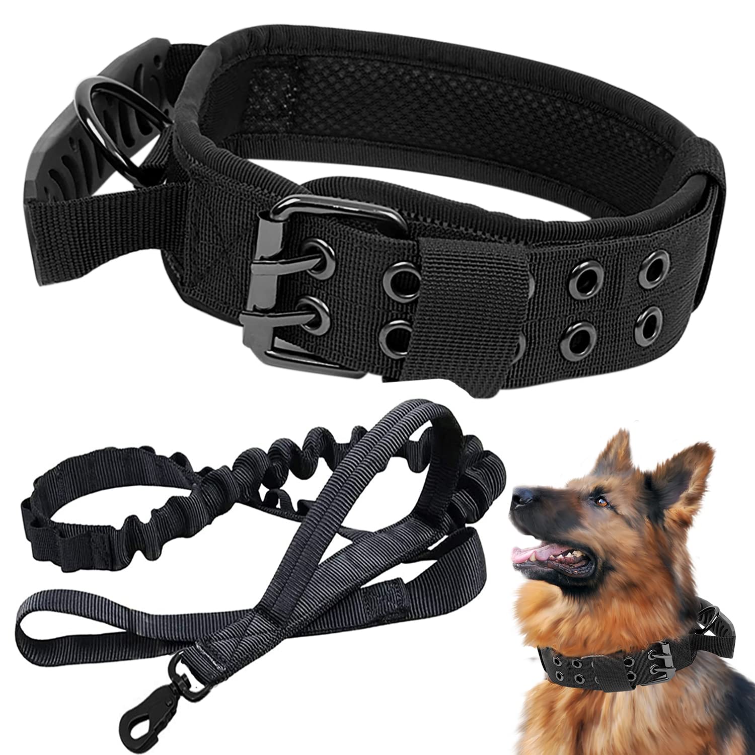 Tactical Dog Collar and Lead Set - Military Dog Collar Training Collar Reflective Dog Collar and Dog Leads Strong Dog Leash Shock Absorbing with Padded Handle for Medium Large Dogs (M, P1-BLACK) — image 1