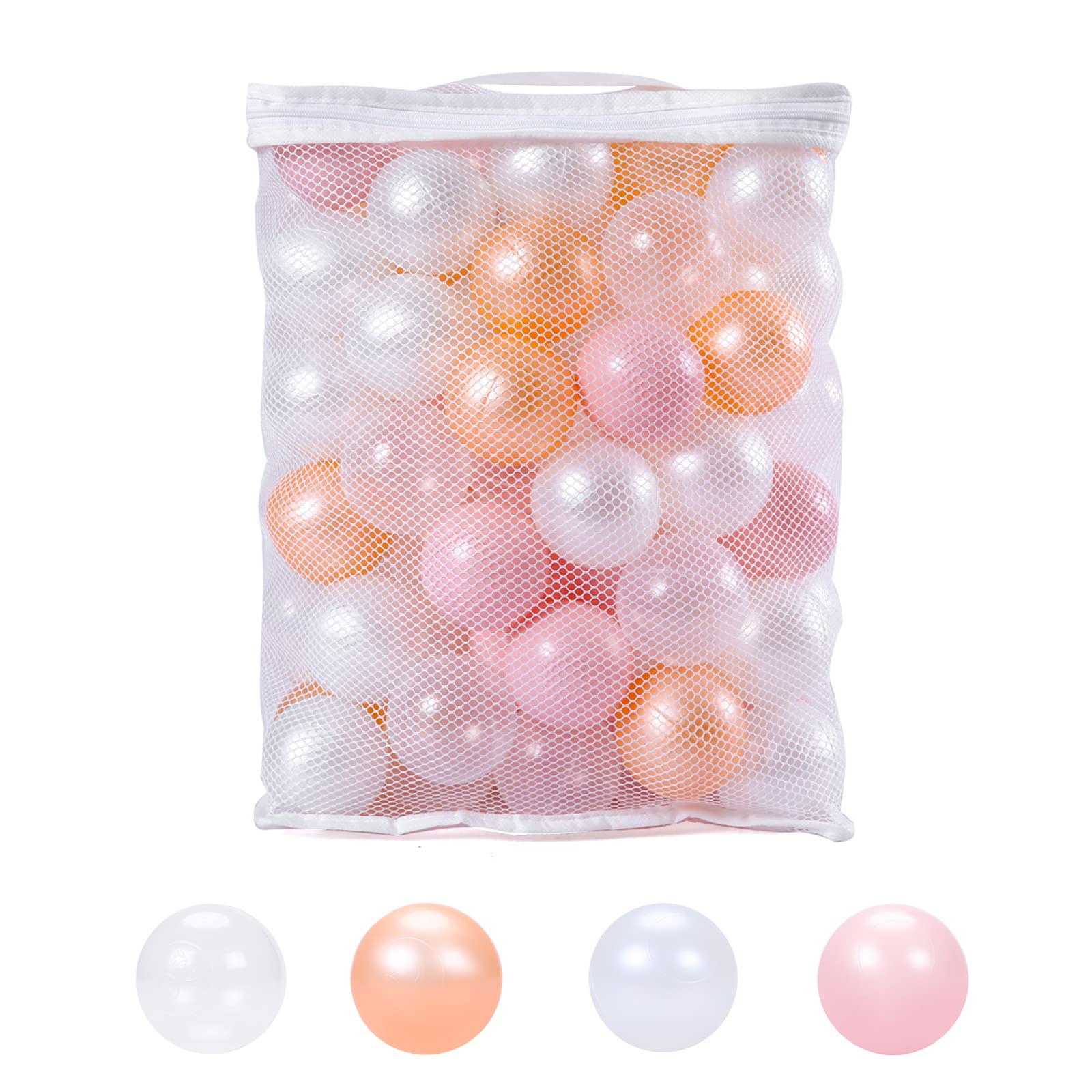TRENDPLAY Pit Ball for Baby Toddlers Pet Fun Toys for Ball Pit Pool Playpen, Indoor Outdoor Play with Storage Bag, Pack of 100, Pink+Gold+White+Transparent