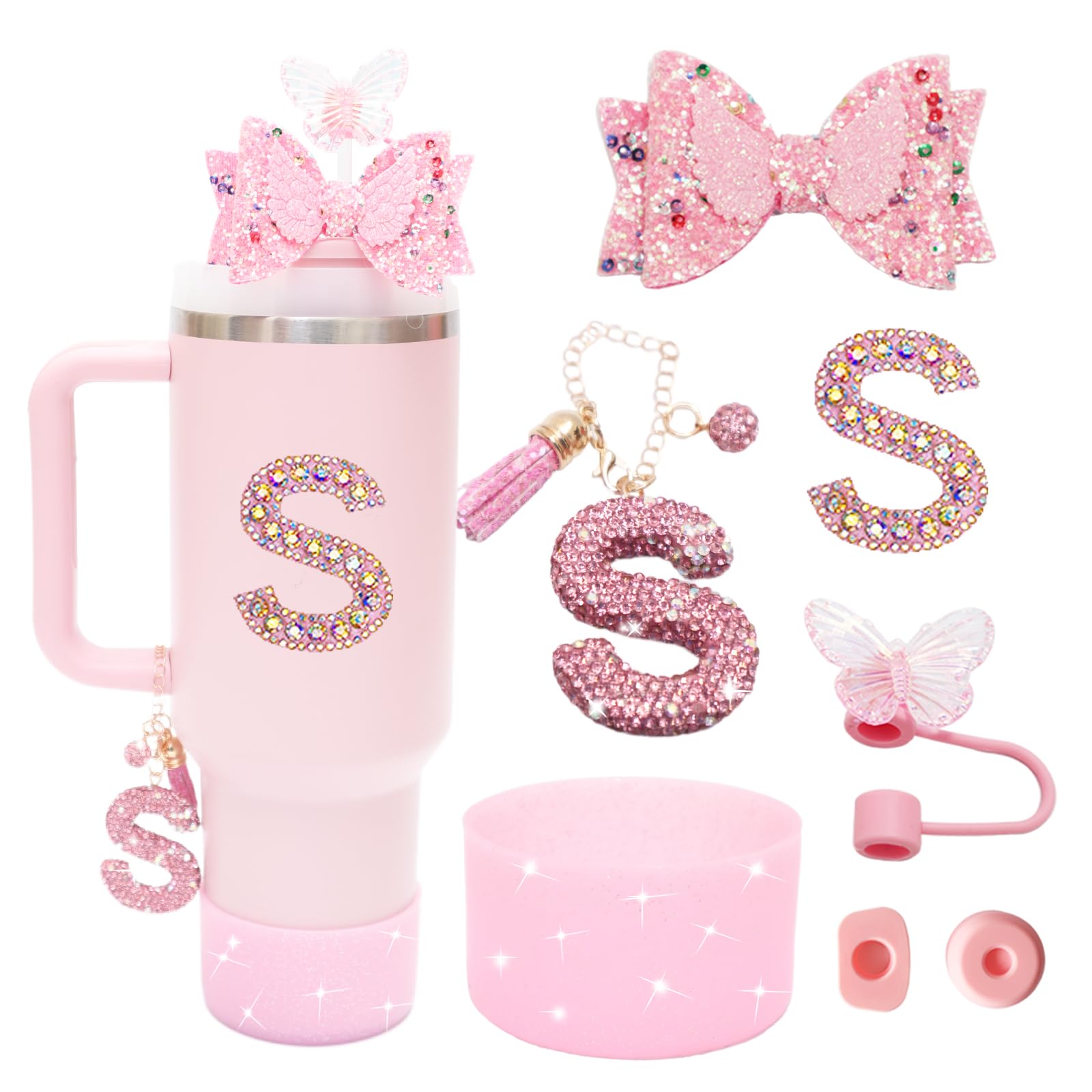 Photo 1 of 1ze1ziyo 7Pcs Bling Accessories for Stanley Cup with Handle 40OZ/30OZ-Including Cute Bow Ties,Straw Cover Cap,Spill Proof Stoppers,Sparkly Boot,Initials Letter Charm,Sticker,Glitter Letter S,Pink