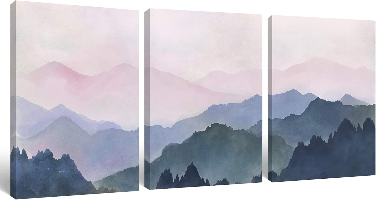 SUMGAR Mountain Wall Art Gray Hazy Pastel Sky Canvas Pink Sunset Glow Prints Landscape Scene Home Decor Abstract Artwork for Living Room Bedroom Home Office Decoration 3 Panels, 12 x 16 in