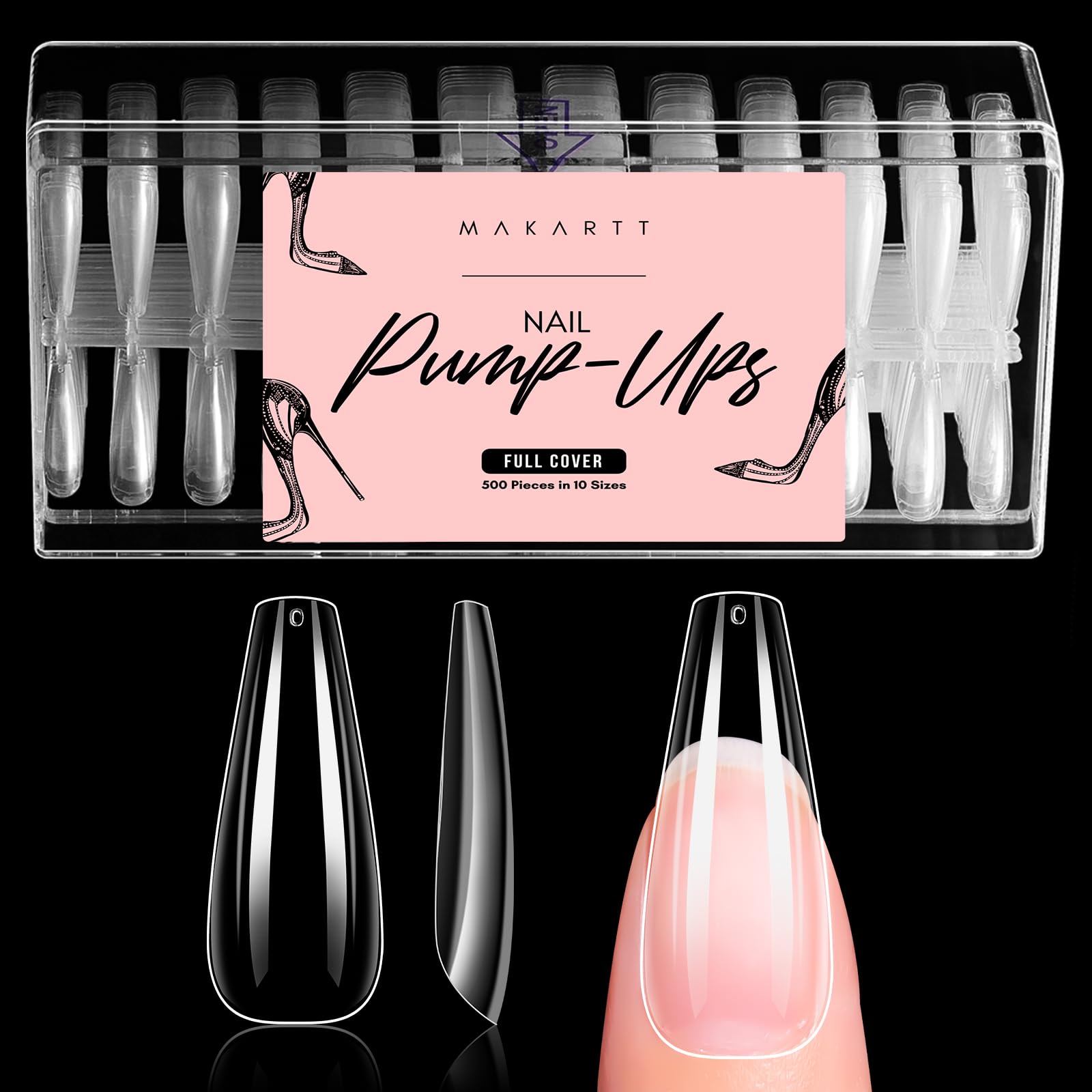 Makartt Long Coffin Nails - 500pcs 10 Sizes Full Cover Clear Nail Tips, for Gel Extensions & DIY False Nails